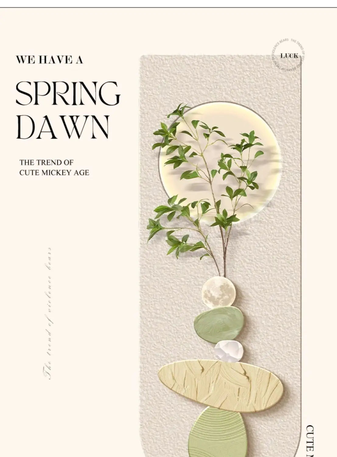 Decorative item with green leaves and stones on a textured beige background, featuring text about a 'Spring Dawn' trend.