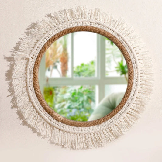 Round mirror with macrame fringe frame 