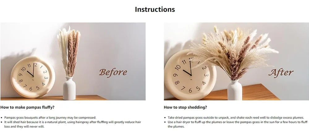 Dried pampas grass and eucalyptus bouquet in a white vase.