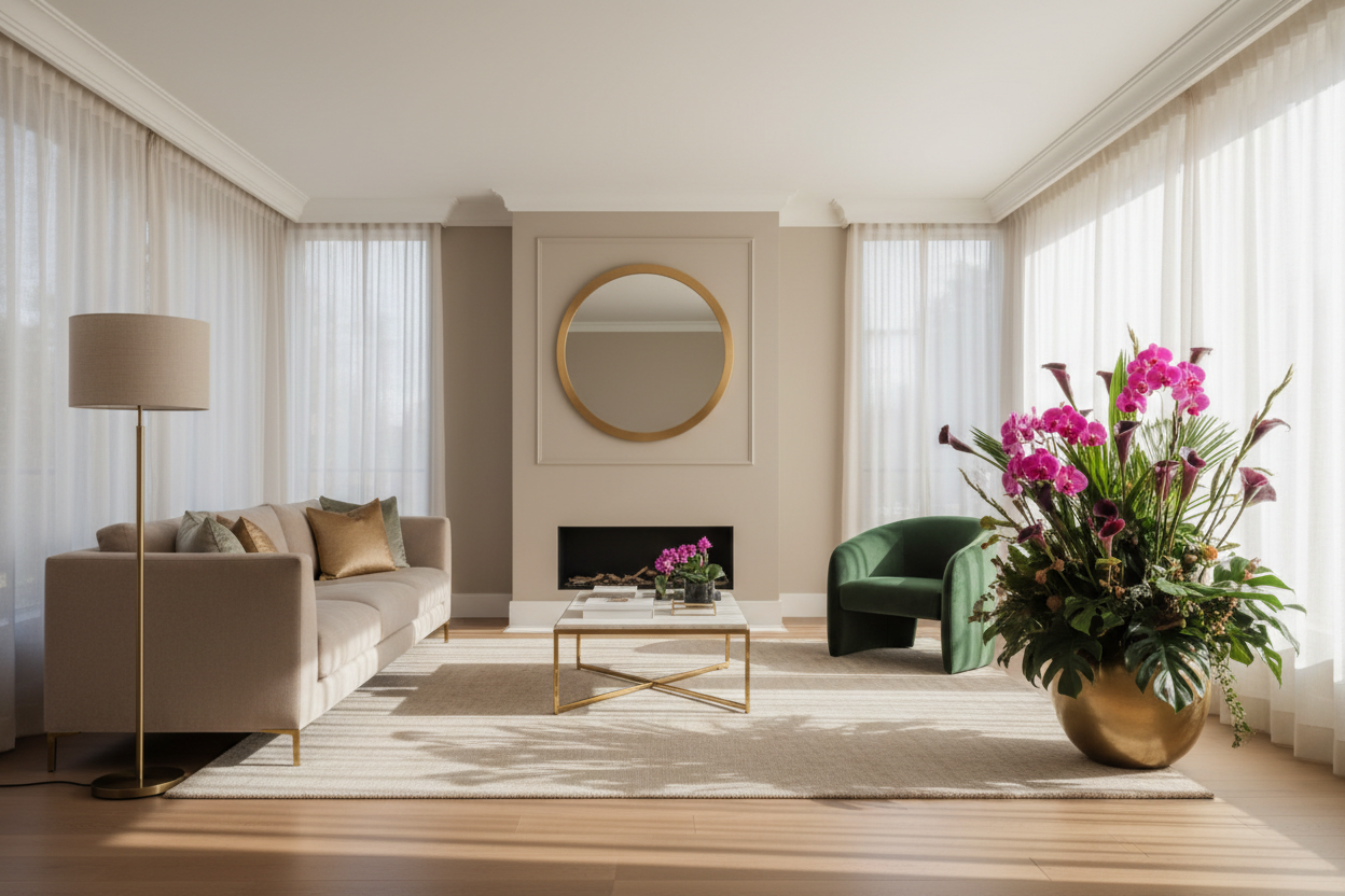 “Luxury living room with beige tones, soft natural light, gold accents, warm shadows, minimalist editorial home décor photography, 8K with a pop of colour